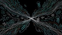 Abstract underwater ocean currents with marine life jellyfish fish coral flowing in symmetrical pattern on black background for modern design projects.