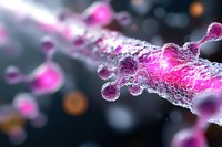 Microscopic view of nerve cells with glowing pink synapses and neural connections on dark background showing electrical impulse transmission in brain network.