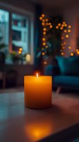 Glowing candle on wooden table with bokeh lights in cozy evening interior. Warm orange flame reflects on surface against blurred teal furniture background.
