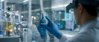 Male scientist in white lab coat and blue gloves interacts with futuristic holographic DNA interface in modern research laboratory.