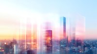 Modern cityscape with glowing skyscrapers and vibrant sunset sky creating dreamy motion blur effect, urban architecture in soft pink and blue tones at dusk.