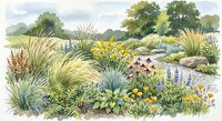 Watercolor garden landscape with ornamental grasses, wildflowers and natural plantings in soft pastel tones for botanical illustration and design.