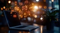 Laptop with glowing email icons floating in dark room with bokeh lights and houseplant, concept of digital communication and message marketing.