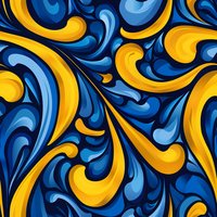 Abstract swirling pattern in vibrant blue and yellow colors creates dynamic flowing movement. Seamless repeat design for fabric, wallpaper and surface pattern projects.