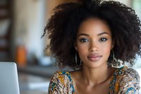 Young African American businesswoman with curly hair working on laptop in modern office space for professional corporate marketing materials.