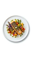 Gourmet salmon fillet with roasted vegetables and herbs on white plate isolated on white background for restaurant menu and culinary design.