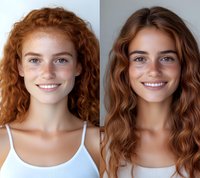 Young Caucasian woman with natural wavy hair and freckles shown before and after makeup application, demonstrating beauty transformation and skincare results.