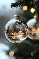 Glass Christmas ornament with winter scene showing illuminated cottage and snow-covered trees reflected in sphere, hanging on evergreen branch with bokeh lights in background.