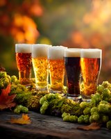Variety of beer glasses with different colored brews arranged on moss with fresh hops and autumn leaves against blurred fall background.