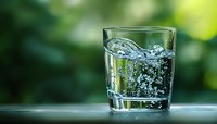 Crystal clear glass of sparkling water with dynamic splash and bubbles against blurred green natural background, capturing refreshing drink movement.