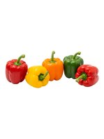 Assorted fresh bell peppers in red, yellow, orange, and green varieties isolated on white background, ready for culinary and food design projects.