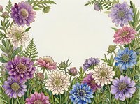 Watercolor floral frame with purple, pink, blue, and white wildflowers and green foliage on white background, copy space in center.