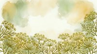 Watercolor botanical border with hand-drawn dill or fennel umbels in golden tones against soft yellow and green washes, isolated on white background for design projects.