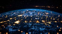 Curved horizon of Earth at night showing illuminated cities and global network connections across North America with glowing light trails in space.