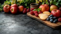 Fresh seasonal fruits on rustic wooden board with red apples, juicy raspberries and ripe blueberries against dark textured background, selective focus.