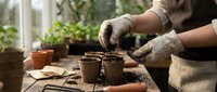 Gardener hands in gloves planting seeds in biodegradable peat pots on wooden table with terracotta containers and green plants in sunny greenhouse.
