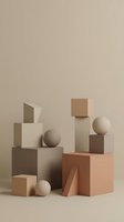 Geometric composition with stacked cubes, spheres, and rectangular forms in neutral earth tones and beige. Minimalist arrangement suitable for modern design, branding, and contemporary product displays.