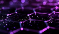 Glowing purple molecular structure with connected nodes on dark background, abstract scientific visualization with bokeh effect and depth of field.
