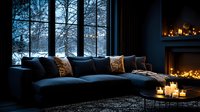 Cozy winter evening interior with lit candles, comfortable sofa, and snowy landscape view through panoramic windows. Moody dark blue atmosphere creates hygge feeling.