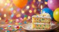 Birthday cake slice with lit candle and colorful sprinkles on festive background with balloons and bokeh lights for celebration party events.