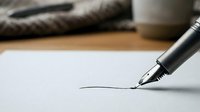 Black fountain pen drawing elegant line on white paper with blurred newspaper and coffee cup creating professional writing atmosphere for business documents.