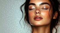 Young Asian woman with freckles and glitter makeup on face, closed eyes, red lips, and loose dark hair against light background with sparkle effect. Glamour beauty portrait.