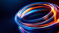 Glowing spiral light trails in blue and orange colors create dynamic motion effect against dark background, abstract modern design for technology concepts.