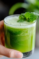 Fresh green smoothie with mint garnish in glass held by hand, showing vibrant layers and frothy top, perfect for healthy lifestyle and beverage menus.