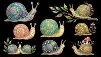 Colorful decorative snails clipart set, isolated on transparent background, ready for stickers, t-shirt design, print on demand, sublimation, and scrapbooking projects.