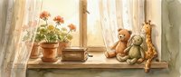Cozy window sill with potted flowers, vintage books and stuffed toys creating warm home atmosphere for children's room decoration and interior design.