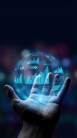 Hand holding glowing digital globe with holographic charts, graphs, and financial data visualizations for business analytics and technology concepts.
