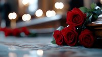 Red roses lying on reflective surface with soft bokeh lights in background, creating romantic atmosphere. Elegant floral composition for Valentine's Day or anniversary.