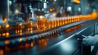 Automated production line with glass vials filled with amber liquid medicine moving on conveyor belt in pharmaceutical manufacturing facility. Quality control process.