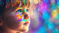 Young child with blue eyes gazing upward, face illuminated by vibrant rainbow light reflections against a colorful bokeh background.
