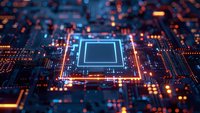 Glowing microprocessor on circuit board with neon blue light effects and orange bokeh, digital technology concept showing electronic components.