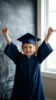 Young Caucasian child in graduation cap and gown celebrating achievement with raised arms in classroom setting with chalkboard background for education concepts.