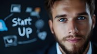Young Caucasian businessman with blue eyes and beard in modern office with startup business icons and technology background for entrepreneurship concepts.
