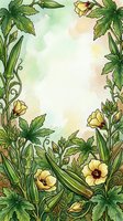 Botanical frame with yellow flowers and green foliage on watercolor background, isolated design element ready for invitations, cards, posters and creative projects.