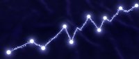 Glowing upward trending arrow with illuminated nodes on dark blue background, representing financial growth, stock market success, and business analytics for presentations.