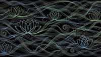 Elegant lotus flowers with flowing waves seamless pattern on dark background for textile design, wallpaper, meditation and wellness projects.