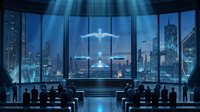 Modern courtroom with glowing scales of justice symbol overlooking illuminated city skyline through large windows at night creating dramatic legal atmosphere.
