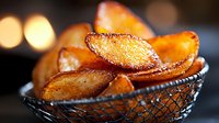 Crispy golden potato wedges with seasoning served in rustic wire basket against dark background with soft bokeh lights creating cozy atmosphere.