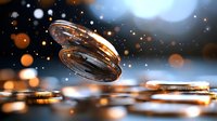 Golden coins falling with magical sparkles and bokeh effect on dark background, dramatic lighting creates mystical financial atmosphere.