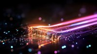 Glowing microchip with neon pink and purple light trails on dark background, electronic circuit board with bokeh effect and fiber optic illumination.