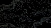 Minimalist line art of woman in lotus meditation pose surrounded by flowing organic waves on black background for wellness and mindfulness designs.