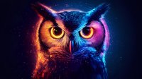 Mystical owl head with glowing eyes in vibrant neon colors of orange and blue against dark background, artistic digital illustration with cosmic effect.