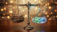 Traditional law books balanced against modern digital technology on ornate brass scales with warm bokeh background representing legal innovation.