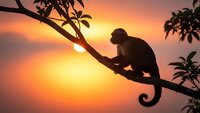 Monkey silhouette sitting on tree branch against vibrant orange sunset sky. Primate wildlife nature scene for tropical adventure and conservation themes.
