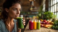 Young woman drinking green smoothie in rustic kitchen with colorful fresh juices and fruits on wooden table. Healthy lifestyle and detox concept.
