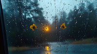 Raindrops on window glass with blurred street lights creating atmospheric bokeh effect during evening storm. Perfect for mood concepts.